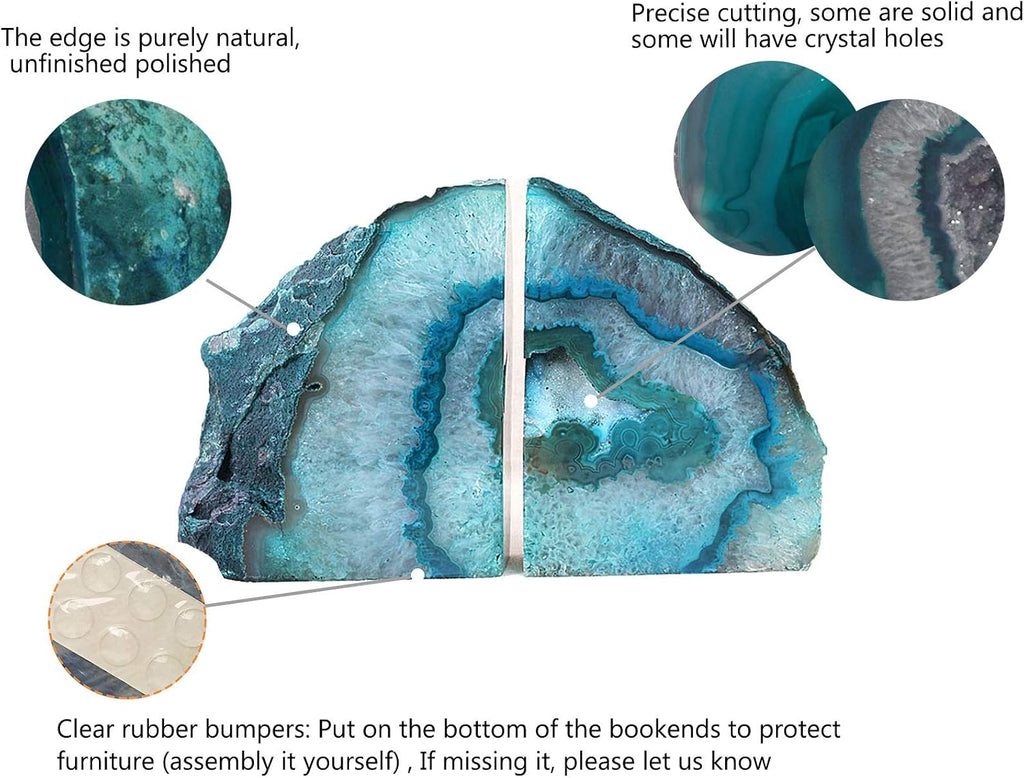 Teal Agate Bookends, Decorative Sturdy Book Ends for Study Shelf | 4-6 Lbs Color-Enhanced Teal, Brazilian Agate