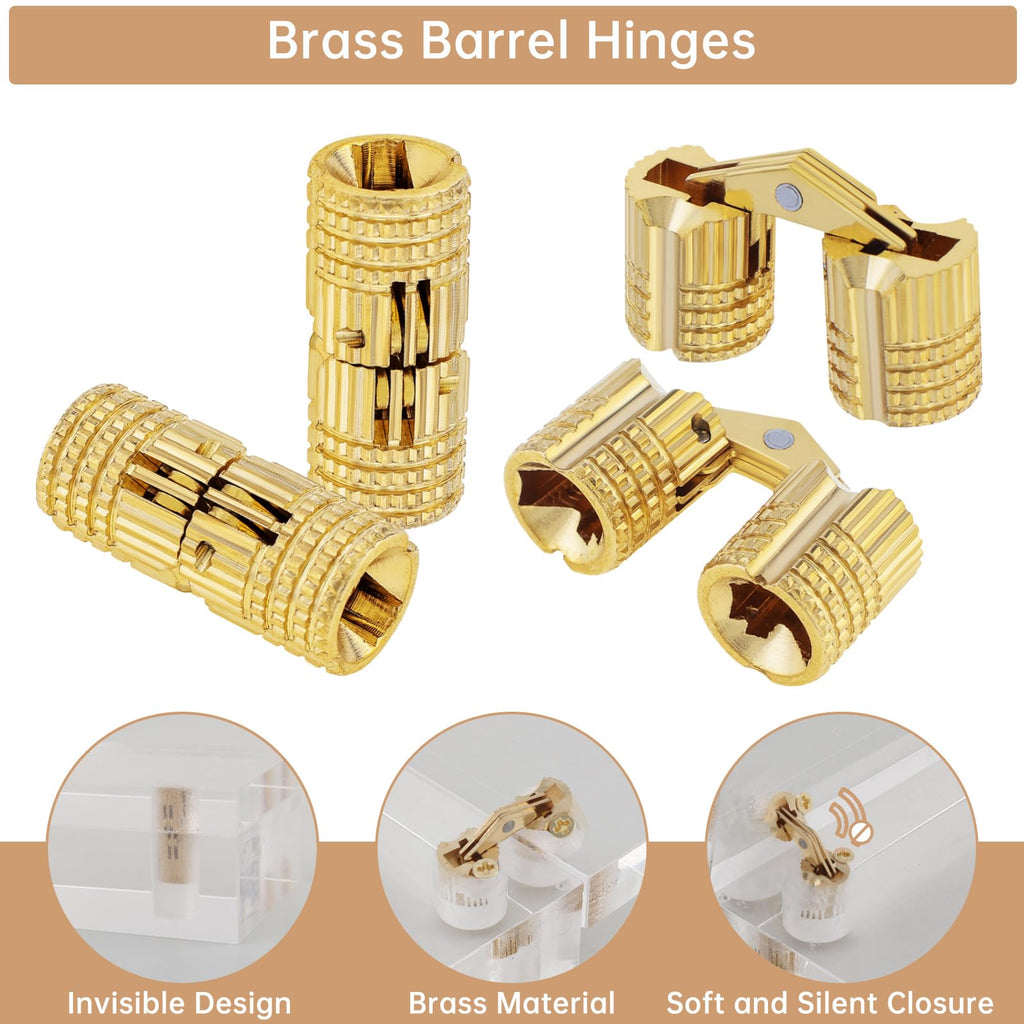 6Pcs 8 mm Hidden Brass Barrel Hinges, 180 Degree Concealed Hinge for Wood