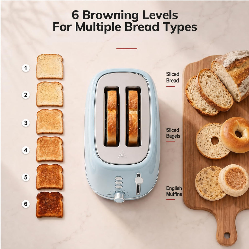 Retro 2 Slice Stainless Steel Toaster with 6 Bread Shade Settings, Bagel, Cancel, Defrost Function, Extra Wide Slot