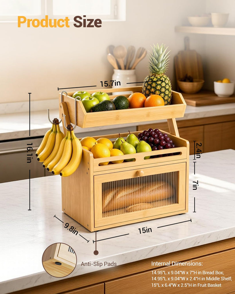 Countertop, Bamboo Bread Storage with Fruit Basket
