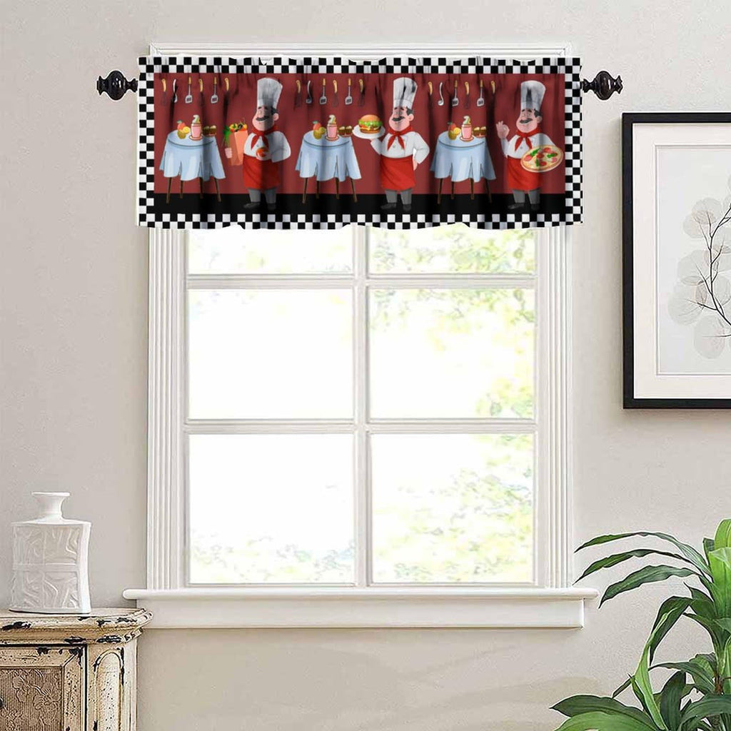 Kitchen Chef Window Valance Curtain, Knife Fork Red Black Check Plaid Tier Curtain Blackout Rod Pocket Curtain