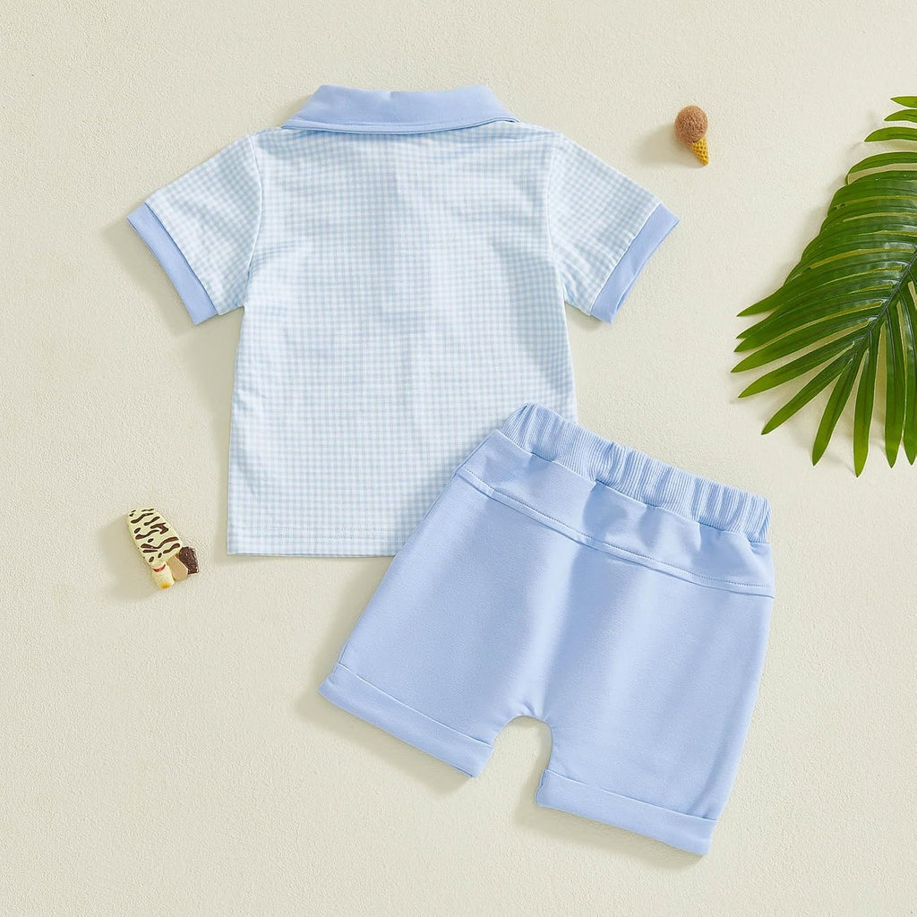 Toddler Baby Boy Summer Clothes Plaid Lapel Short Sleeve T-Shirt Top Shorts Sets Infant Outfit 6 12 18