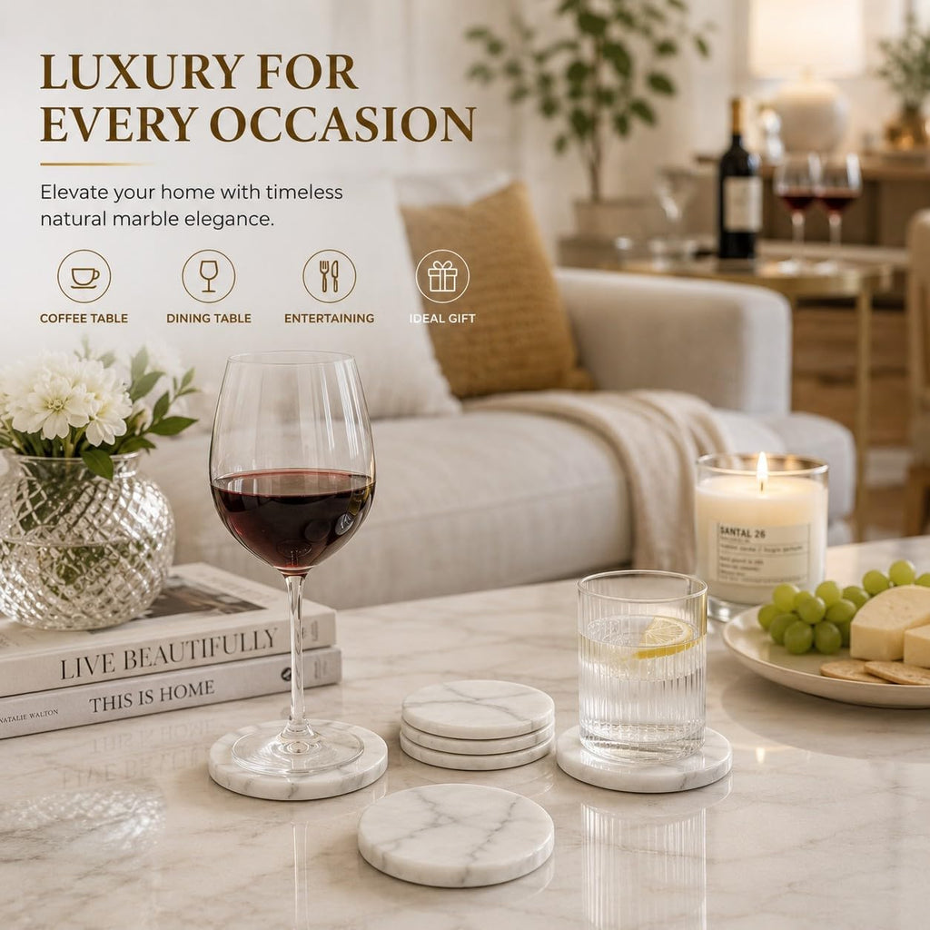 Genuine Marble Drink Coasters, 4-Inch Round Heat-Resistant Stone Coasters with Non-Slip EVA Backing - Set of 4