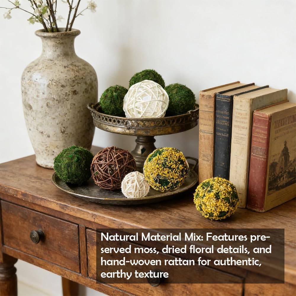 Decorative Balls for Bowls, Mixed Moss Balls, Rattan Wicker Orbs & Dried Floral Sphere Bowl Fillers Decor Table - Set of 18