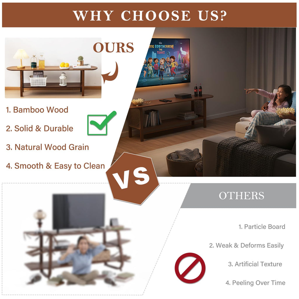 Walnut TV Stand for 65-Inch TVs, 2 Open Shelves, Rattan Media Console