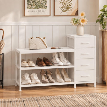 Industrial Shoe Storage Bench with 4 Drawers & Seat, White