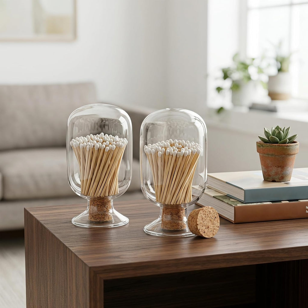 Glass Match Cloche Decorative Match Jar Holder with Cork Lid - Set of 2
