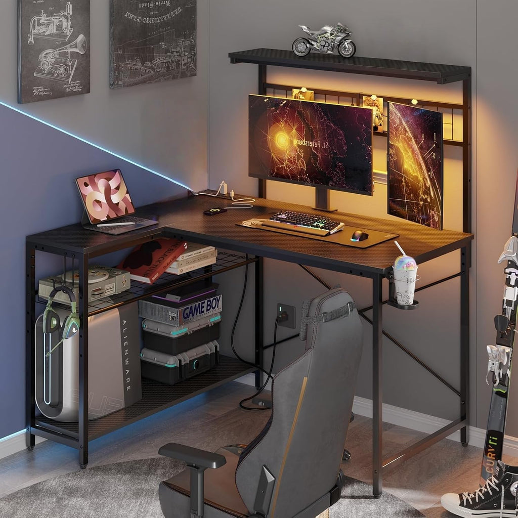 42" L Gaming Desk with Power Outlets LED Lights, Carbon Fiber Black | Reversible Design, LED Lights, Power Outlets