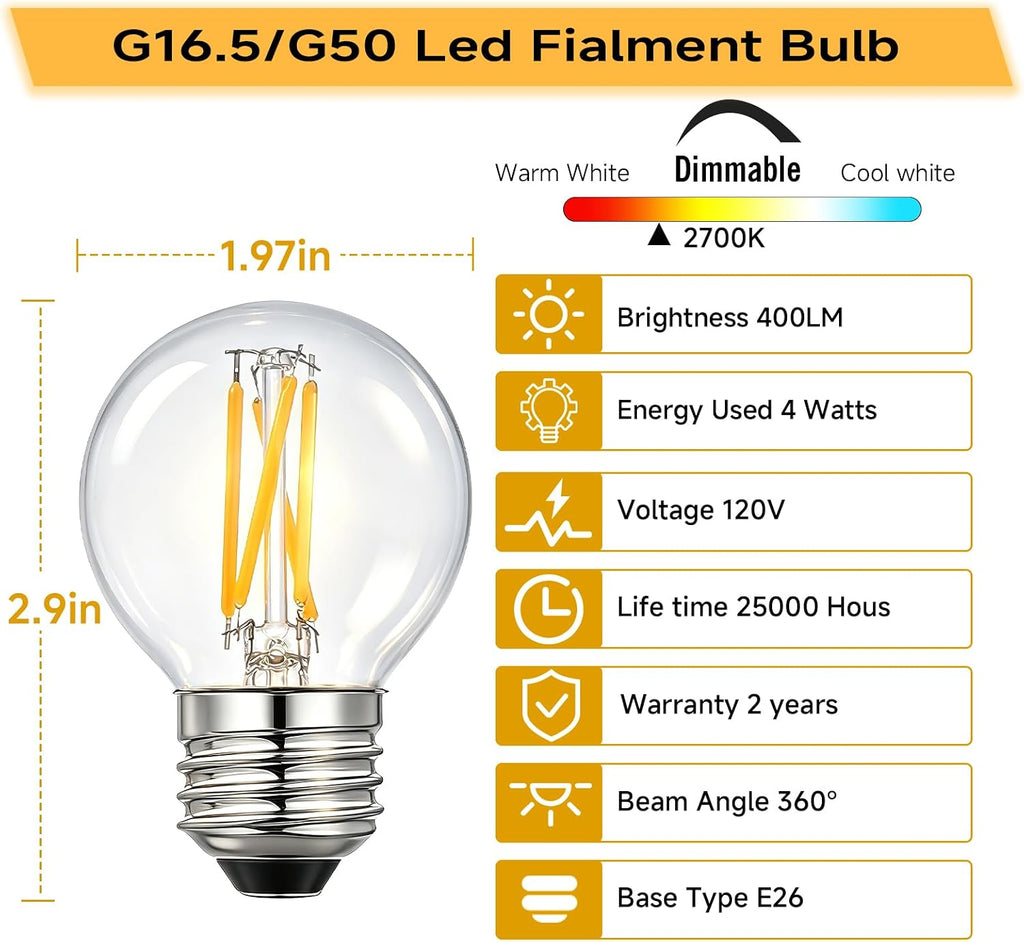G16.5 E26 Dimmable LED Edison Bulb 4W 2700K Warm White 6-Pack