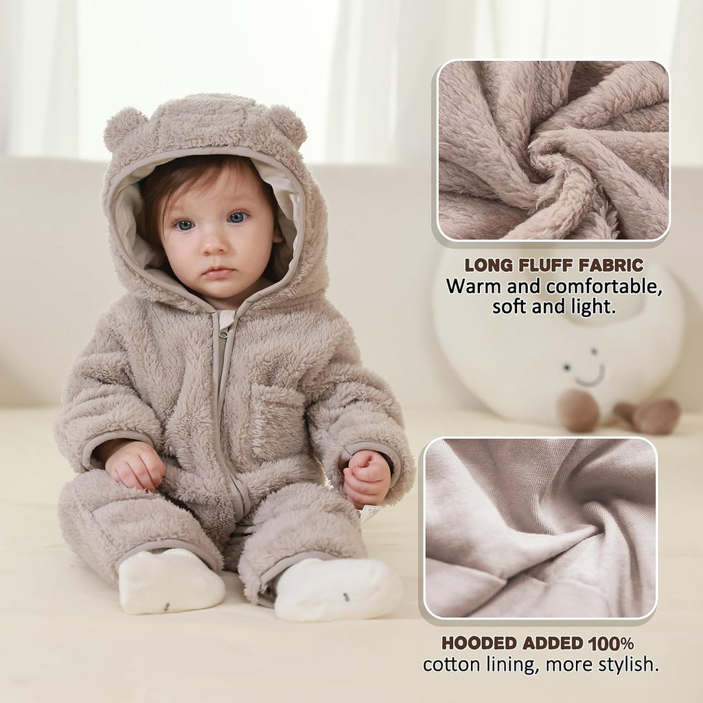 Baby Bear Outfit With Fold-Over Mittens and Footies Girls Boys Winter Fleece Clothes Hooded Romper Snowsuit