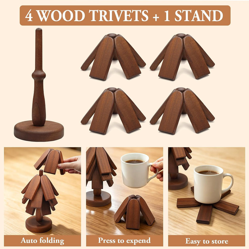 Square Wooden Trivet Set for Hot Dishes Sapele Wood Tree Shape Trivet Set