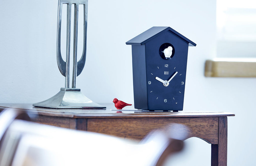 Birdhouse Mini Black, Tiny Modern Cuckoo Clock with 12 Natural Bird Songs or Cuckoo Call