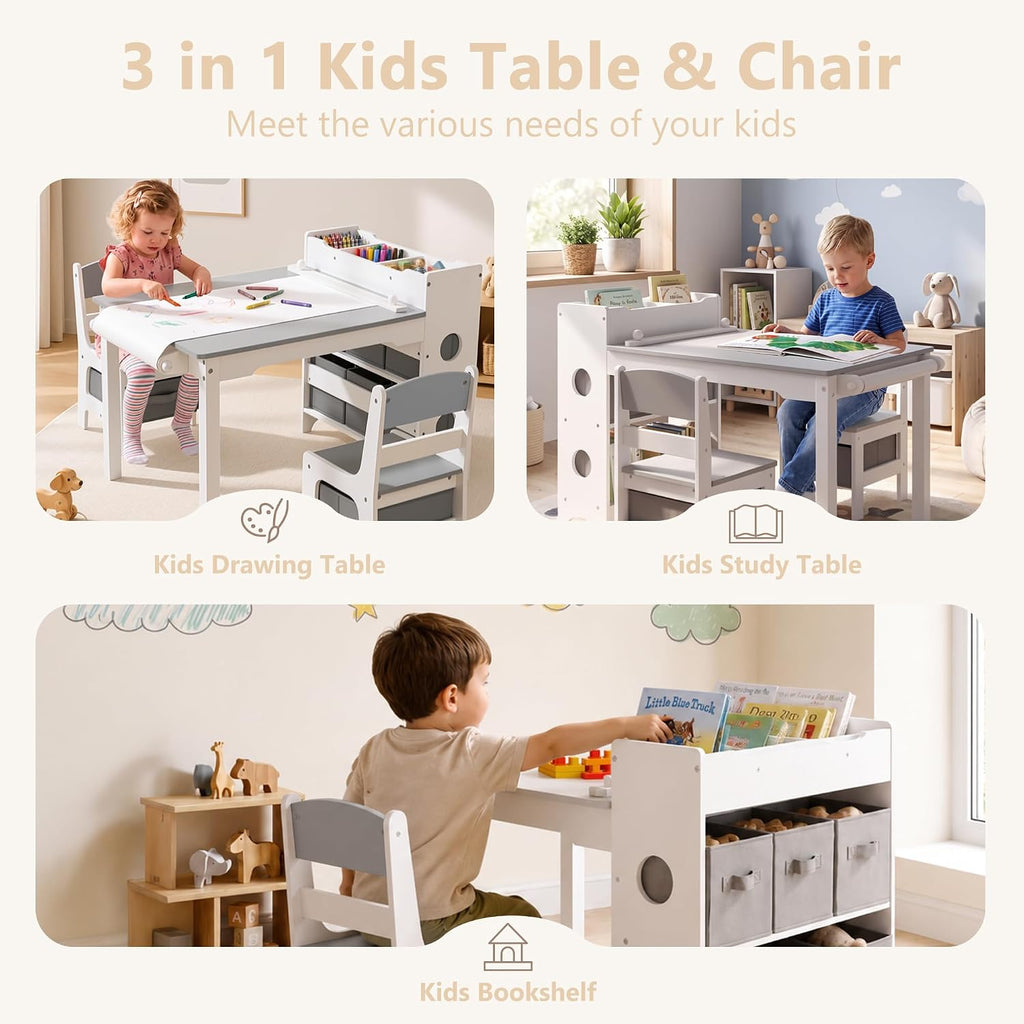 Kids Art Table & 2 Chairs Set, Bookshelf, Grey