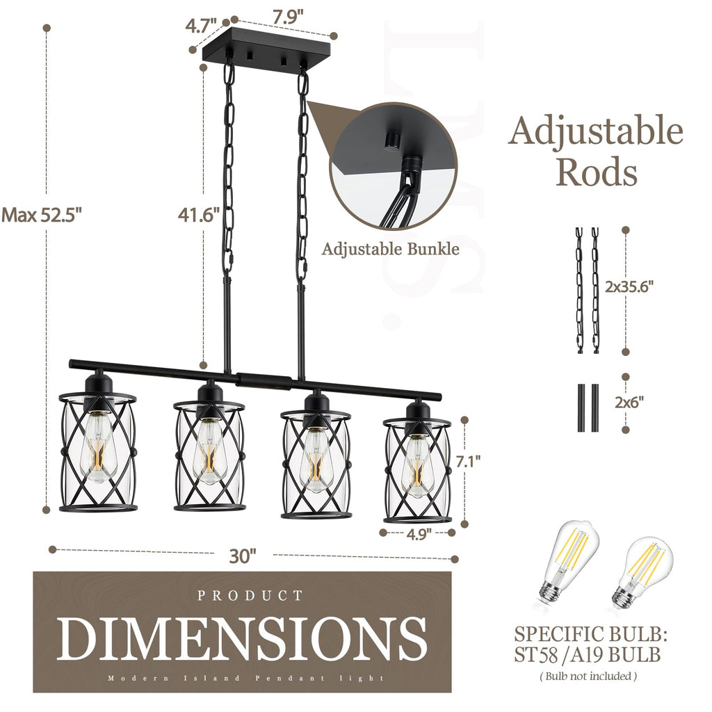 Kitchen Island Lighting, Modern Black Dining Room Light Fixtures with Clear Glass, Farmhouse Industrial