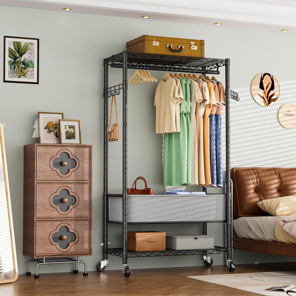 Heavy Duty Rolling Clothes Rack Wheels Portable Metal Garment Rack