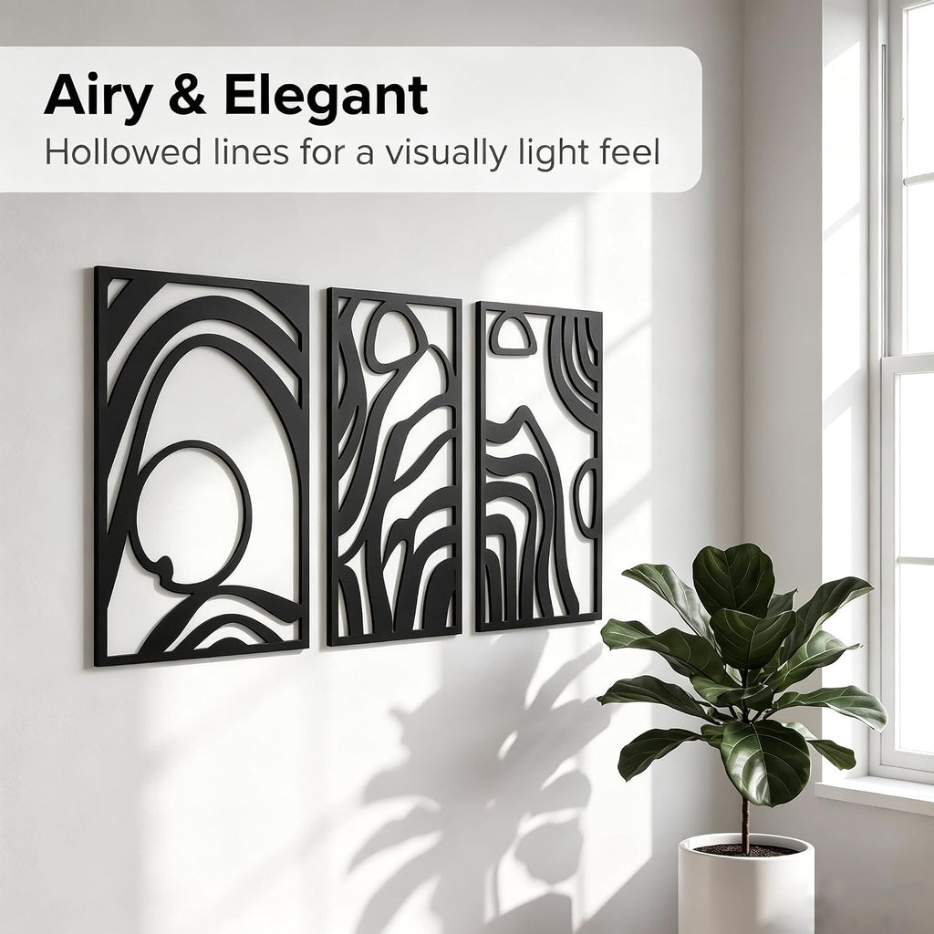 Black Metal Abstract Curve Hollow Wall Sculpture Decor Set - Set of 3