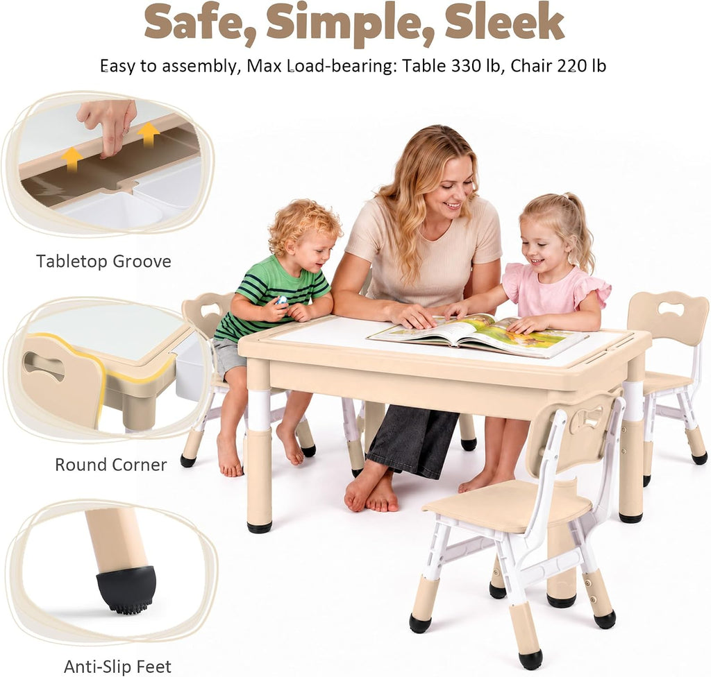 Kids Table and Chairs Set Large Storage, Height Adjustable