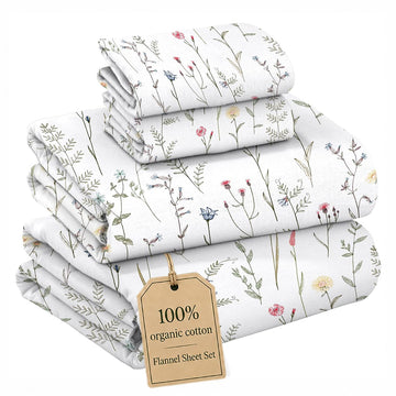 100% Organic Cotton Flannel Sheets Full Size Bed Set, Linen Blooms