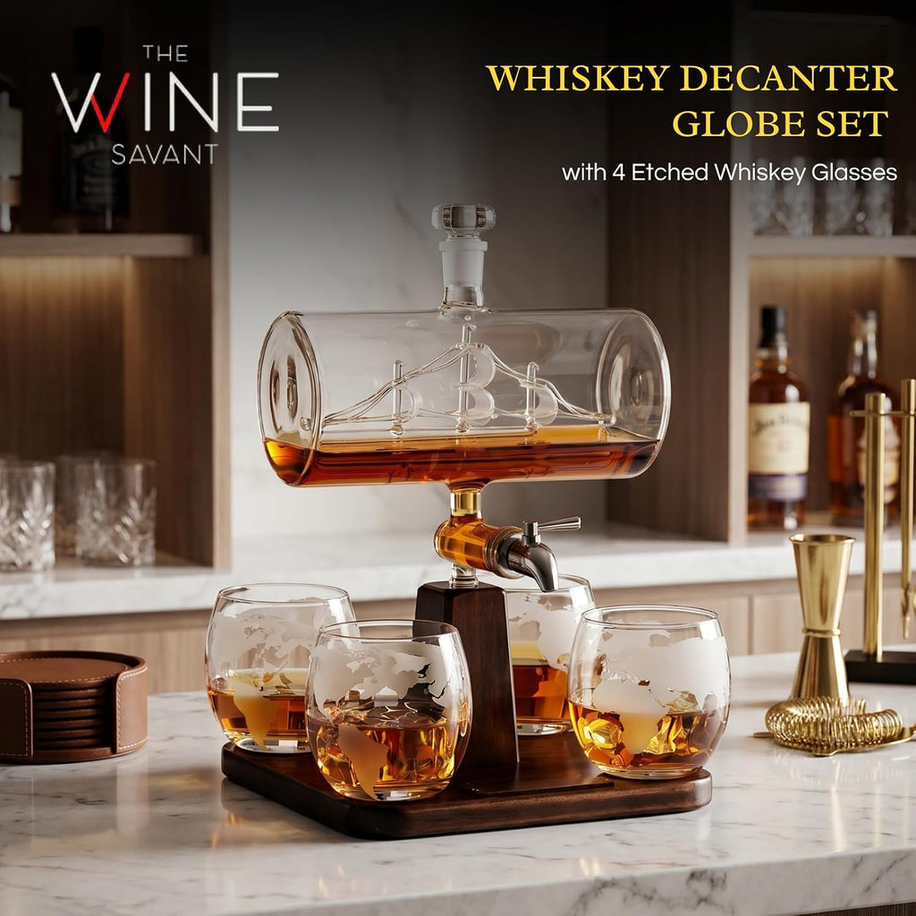 Whiskey Decanter Globe Set with 4 Etched Whiskey Glasses - for Liquor Scotch Bourbon Vodka, Gifts For Men - 1250ml