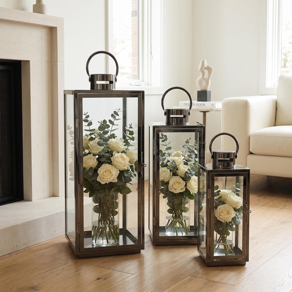 Stainless Lanterns Decorative Outdoor & Indoor, Set of 3 Outdoor Lanterns for Porch, 25"/ 19.5"/15" Candle