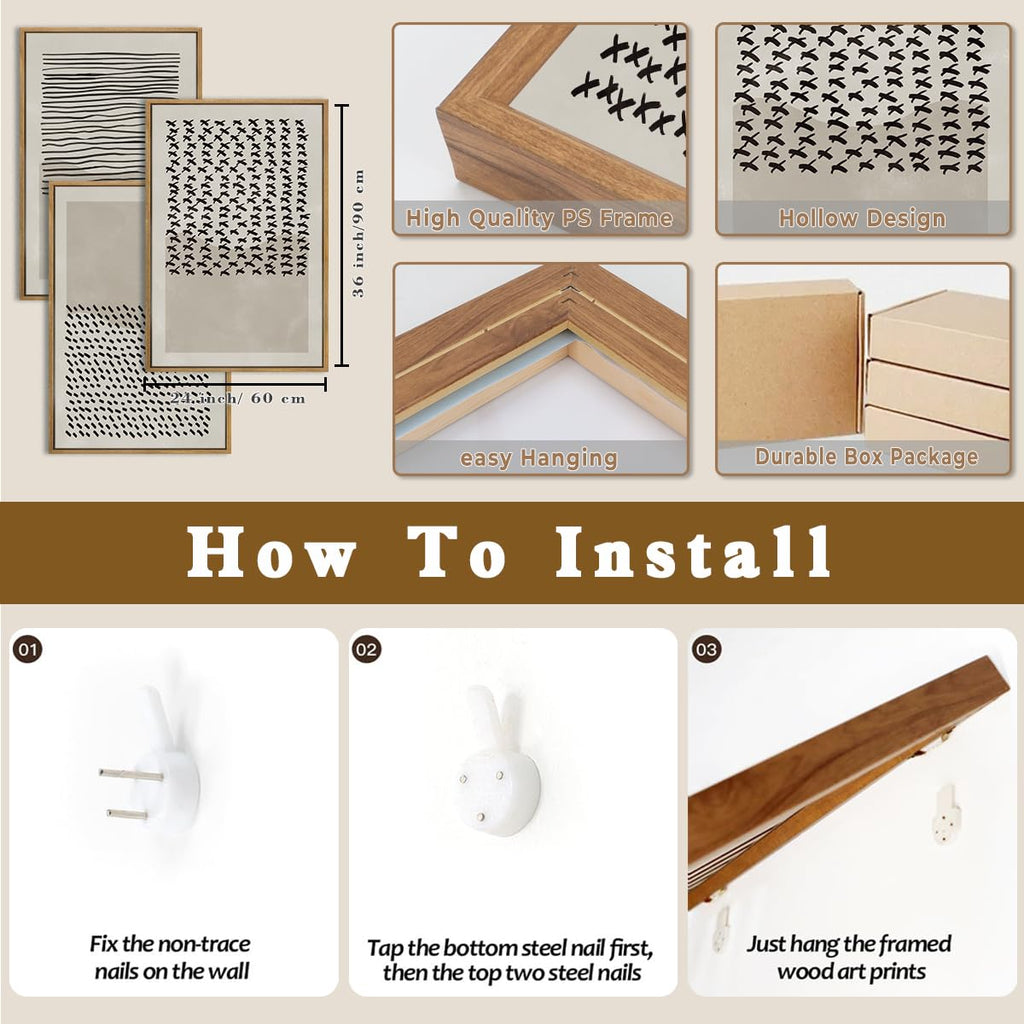 Large Minimalist Line Dot Framed Canvas Wall Art Set-24"x36"x3