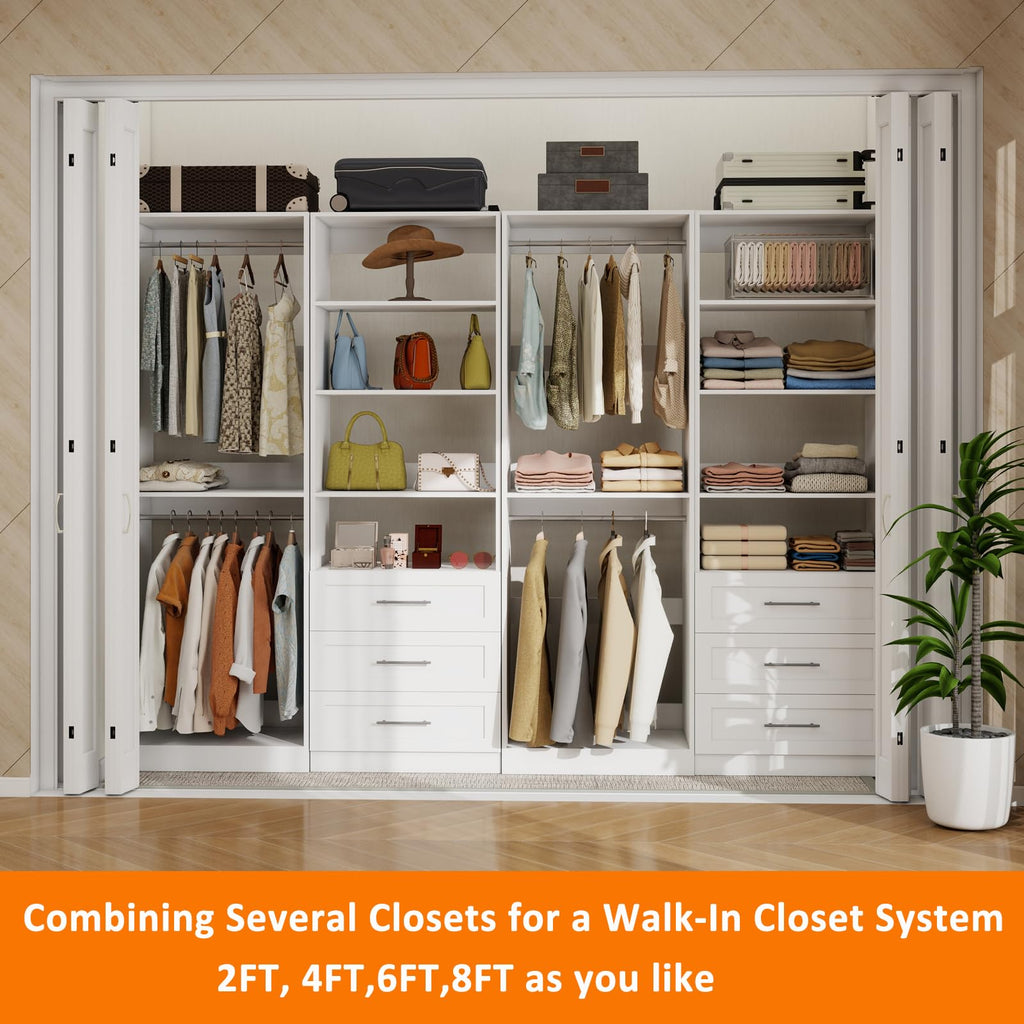 Closet System with 3 Drawers, 4FT-10.5FT Wooden Organizer System