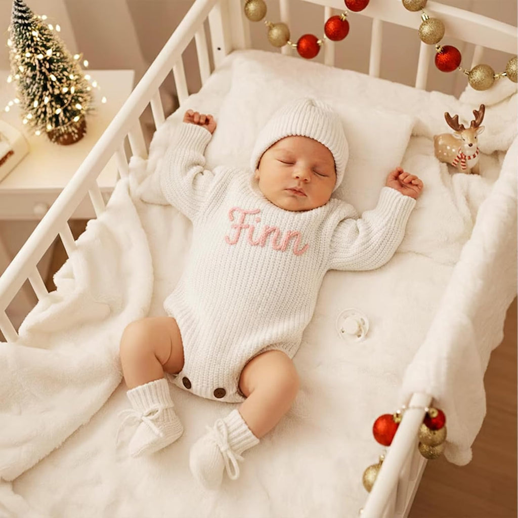 Personalized Embroidered Baby Romper Set Cotton Newborn Coming Home Outfit Knit Sweater Gender Neutral Gift