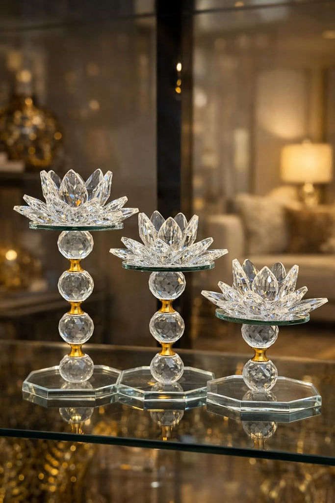Quality Crystal Lotus Candle Holder Set 3 Piece Gold Detail Decorative Accent piece for Tables and Shelves Refined