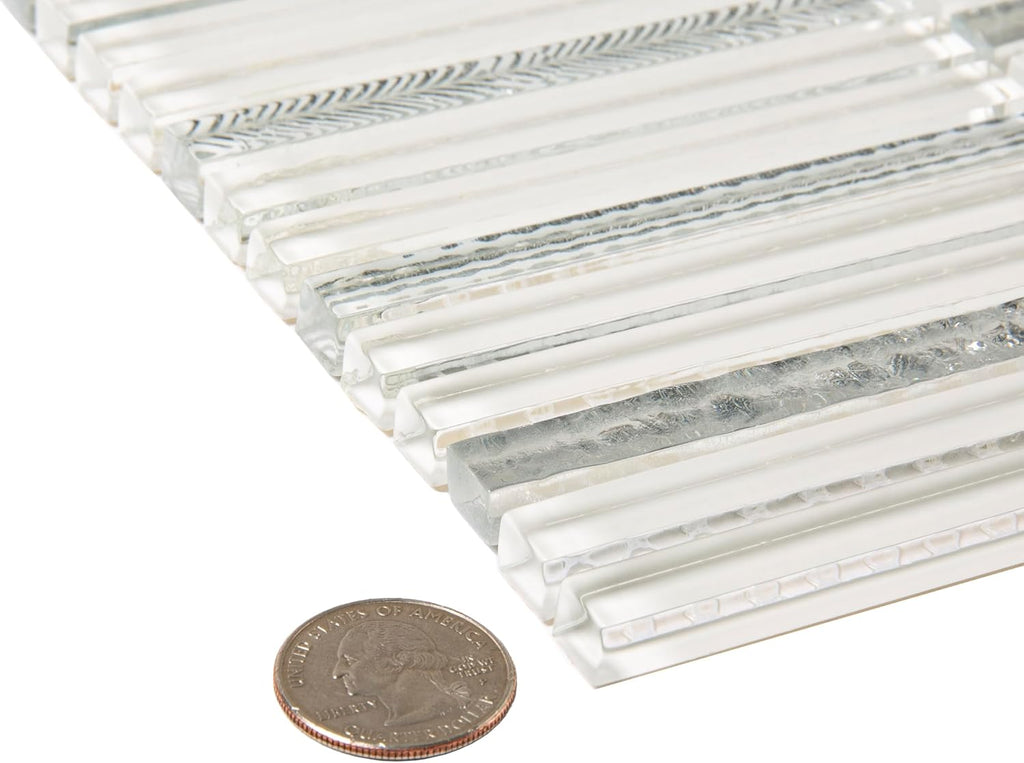 Striped Linear Glass Tile White & Silver 11.8x11.8 4.83 sq ft 5-Pack | Mesh-backed sheets. Kitchen backsplash