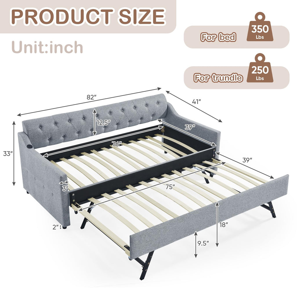 Daybed with Pop Up Trundle, Modern Button Tufted Linen Upholstered Sofa Bed Frame, Twin to King Size Day Bed w/USB &