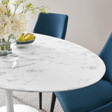 Lippa 60" Oval-Shaped Mid-Century Modern Dining Table with Artificial Marble Top and White Base