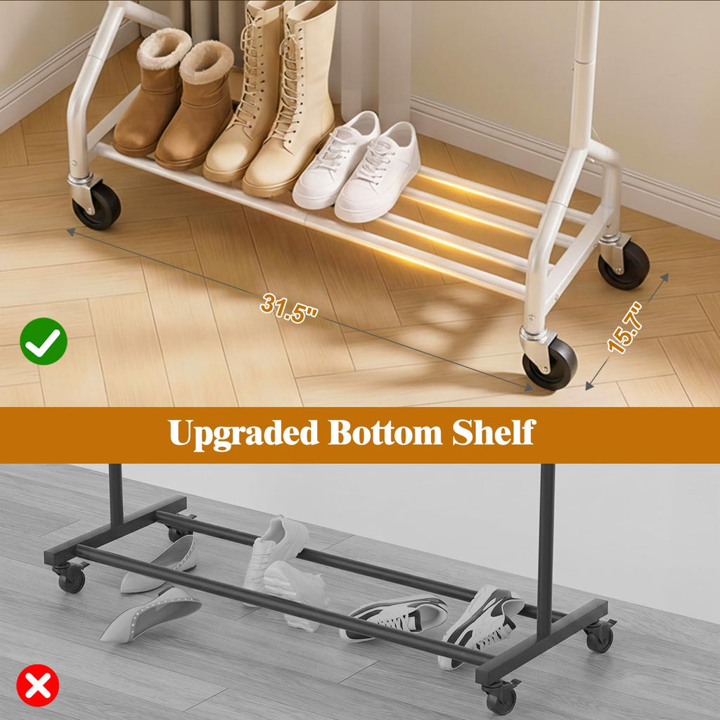 Rolling Clothes Rack with Shelf, Garment Rack Load 210Lbs, White