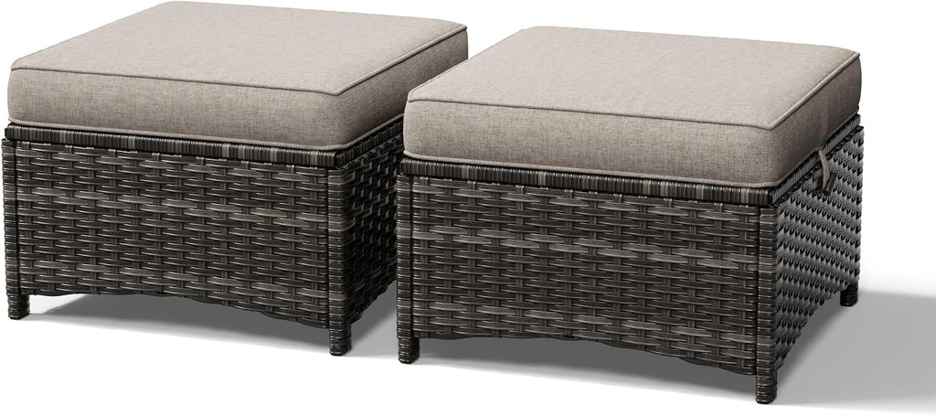 Outdoor Ottoman Set of 2, Patio Large Ottoman Foot Rest with Thickened Cushions, Outdoor Wicker Foot Stool for Porch