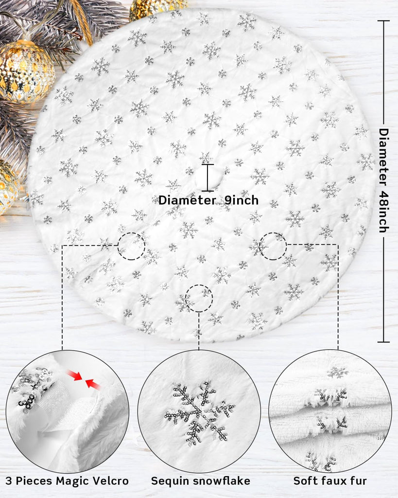 48 Inches Faux Fur Christmas Tree Skirt, Silver Sequin Snowflake