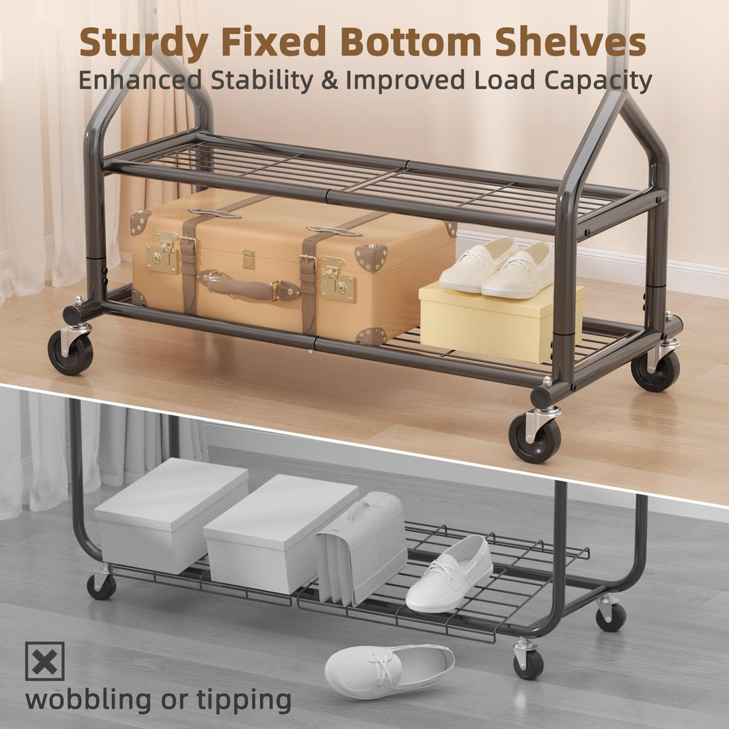Heavy Duty Clothes Rack Load 556 LBS, Rolling Clothing Rack With Shelves, Height Adjustable Clothes Hanger with