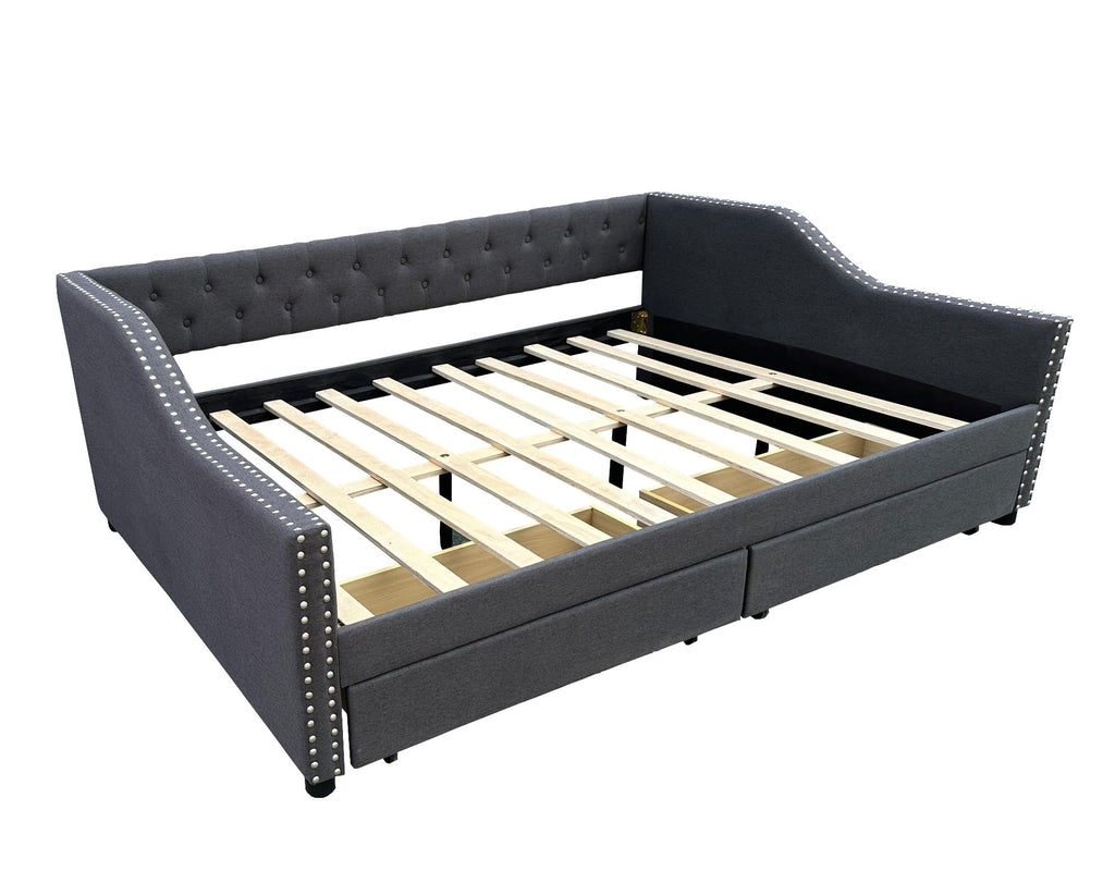 Full Size Daybed Upholstered with Drawer, Grey