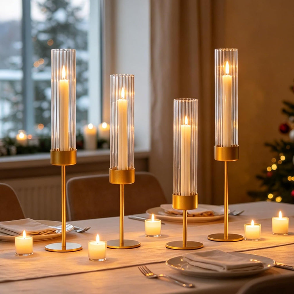 Gold Glass Hurricane Taper Candle Holders Bulk Set of Tall Ribbed Glass Cylinder Candlestick Holders for Wedding