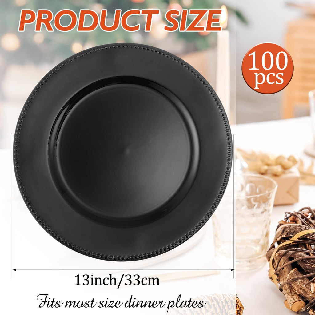 100 Pack 13 Inch Black Charger Plates with Beaded Round