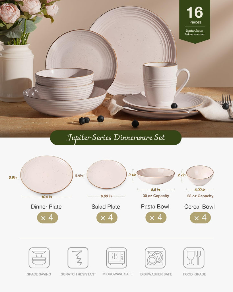 Jupiter Stoneware Dinnerware Sets with Pasta Bowls, Dishes for 4