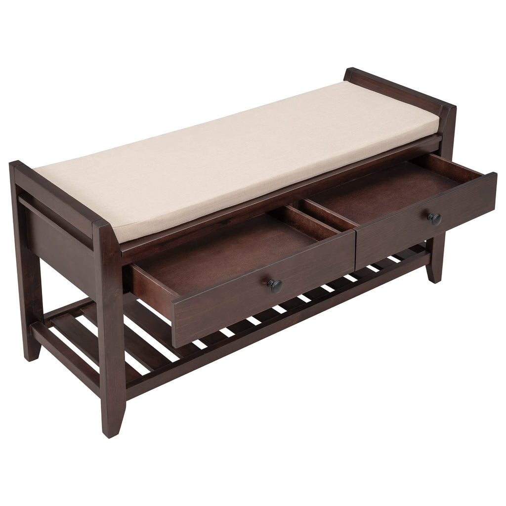 Farmhouse Shoe Rack Bench with Cushion, 2 Tier Entryway Bench with Storage Drawers and Open Shelf, Wood Shoe Storage