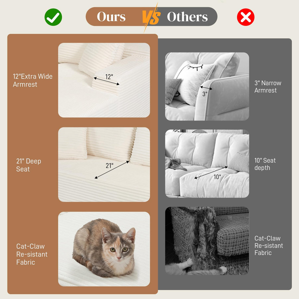 108" L Shaped Cloud Boneless Sectional Couches, Modern Comfy Modular Deep Seat Memory Foam Compressed Corduroy Sofa