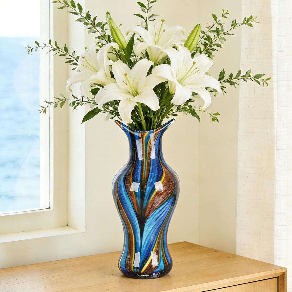 Hand Blown Glass Vase for Flowers, Murano Style Swirl Art Decorative Glass Vases Decor, Wedding Table Centerpiece