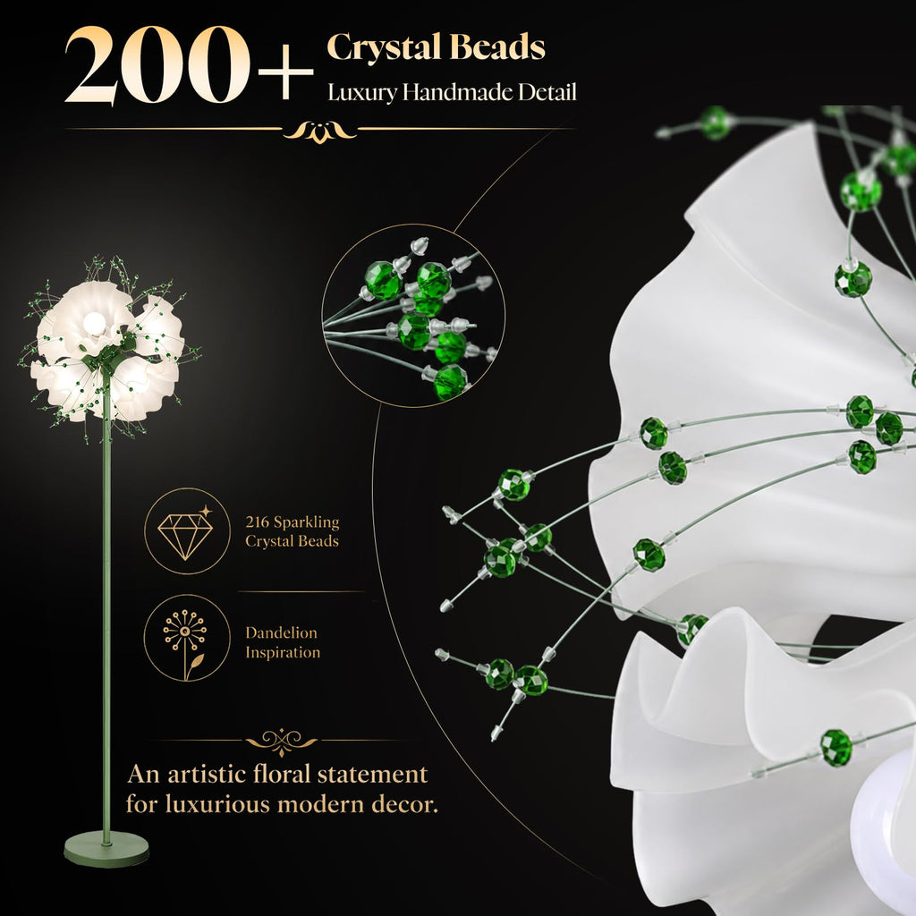 Flower Floor Lamp, Tall Crystal Floor Lamp with 6 LED Blubs, Green Floral Floor Lamps with 3 Color Temperatures