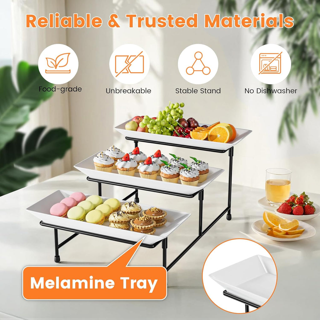 3 Tier Serving Tray, 12'' Collapsible BPA Free Dessert Stand, Black