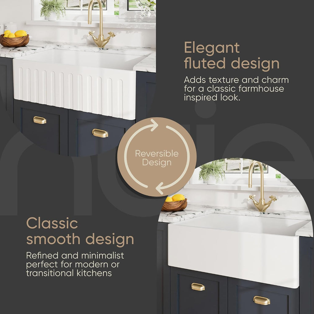 White Kitchen Sink 33 inch Single Bowl Apron Fluted Front Farmhouse Sink with Central Drain Position, Fireclay