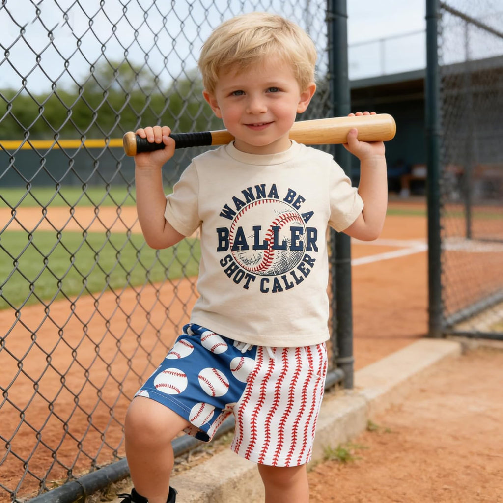 Toddler Baby Boy Baseball Outfits Summer Clothes T-shirt Plaid Shorts Set