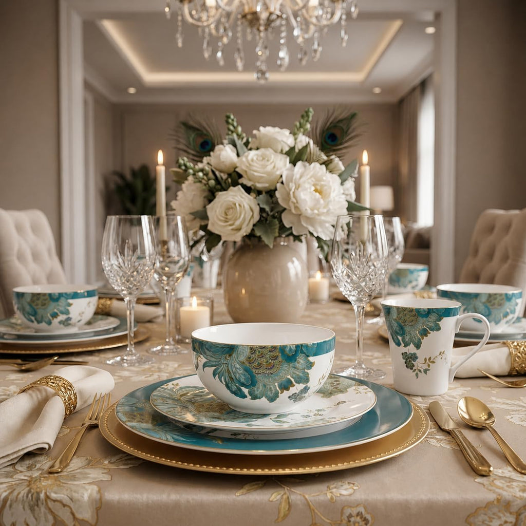 16-Piece Porcelain Dinnerware Set for 4, Elegant Floral Plates and Bowls Sets-White, Teal, Gold Ceramic Dishes, Chip