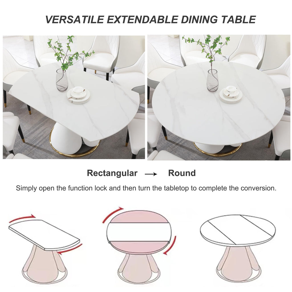 Modern Extendable Dining Table, 59" Round Marble Dining Table, Convertible Rectangular Kitchen Table, White Sintered