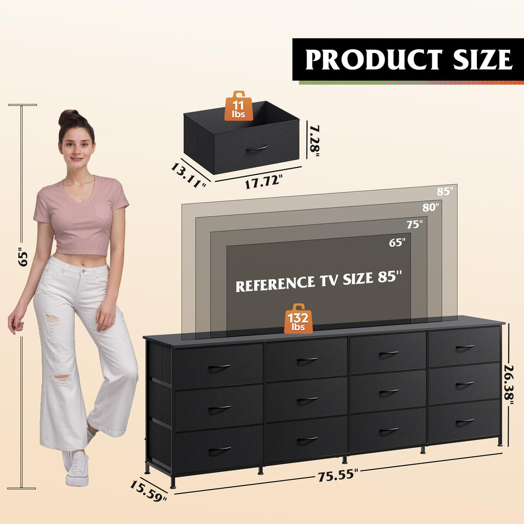 Long Dresser TV Stand for 85 Inch TV, 12 Drawer Dresser, Black