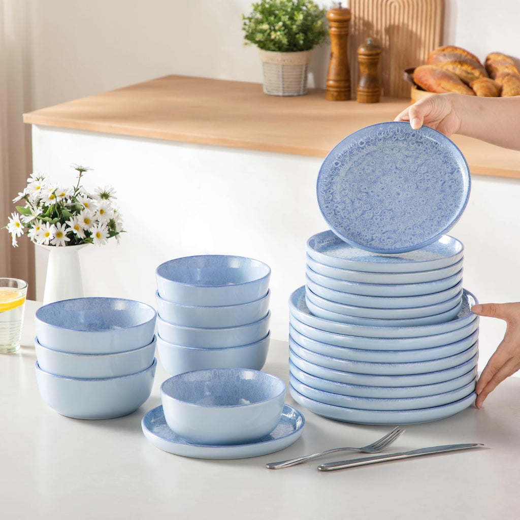 Reveal Ceramic Plates and Bowls Set for 8, 24-Piece Dinnerware Set